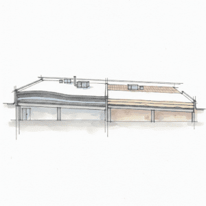 Cross-section of commercial roof comparing multi-layer roof-over with single-layer tear-off for structural load.