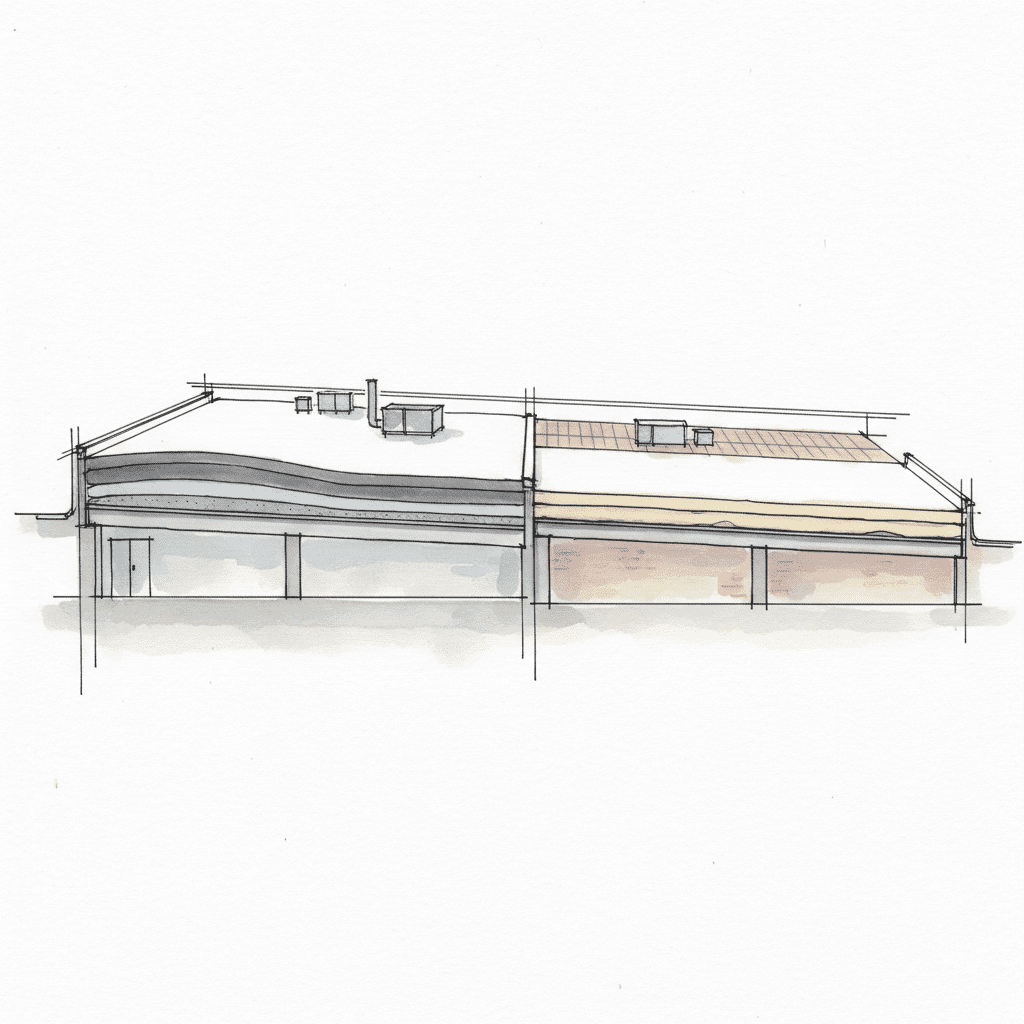 Cross-section of commercial roof comparing multi-layer roof-over with single-layer tear-off for structural load.