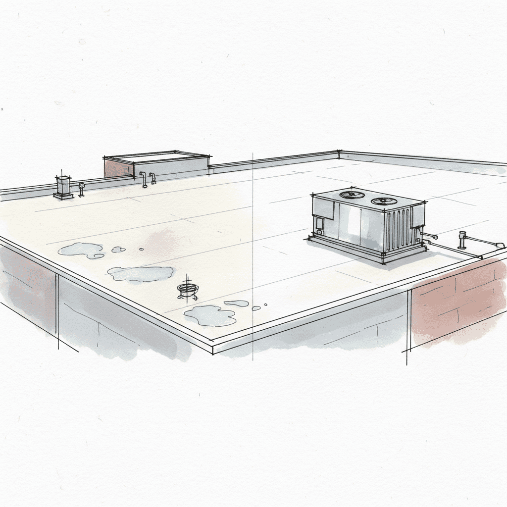 Commercial flat roof contrasting aged TPO with ponding and new TPO near an HVAC unit.