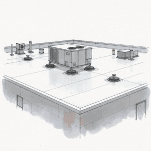 Large HVAC unit on non-penetrating rooftop equipment supports over TPO membrane, preventing leaks.