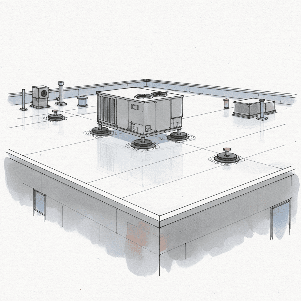 Large HVAC unit on non-penetrating rooftop equipment supports over TPO membrane, preventing leaks.