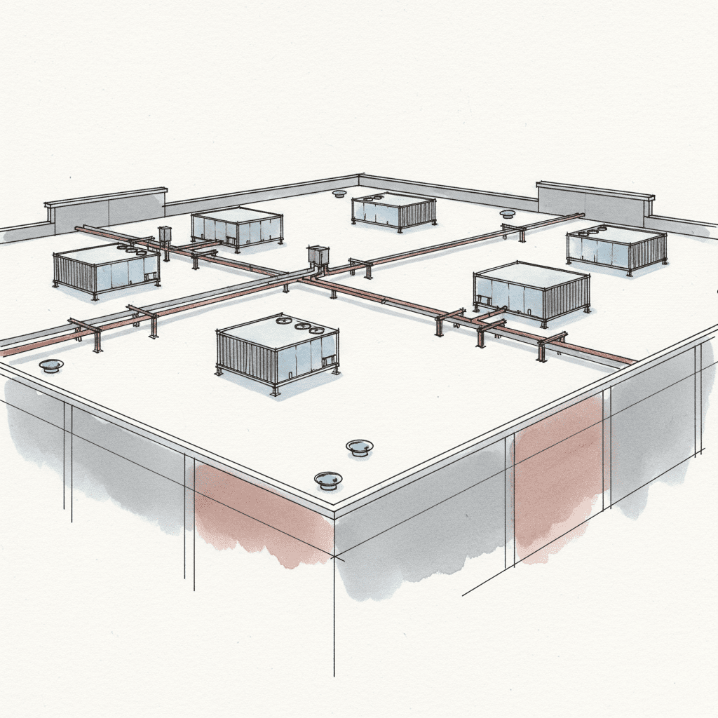 Pristine TPO commercial rooftop with new HVAC units and clean drainage, signifying capital investment.