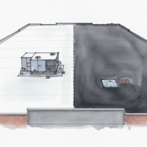Industrial warehouse roof showing TPO membrane with HVAC unit and EPDM membrane with skylight and drain.