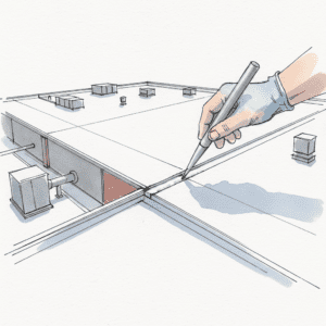 Roofer inspecting a heat-welded TPO membrane seam for integrity with a probe tool.