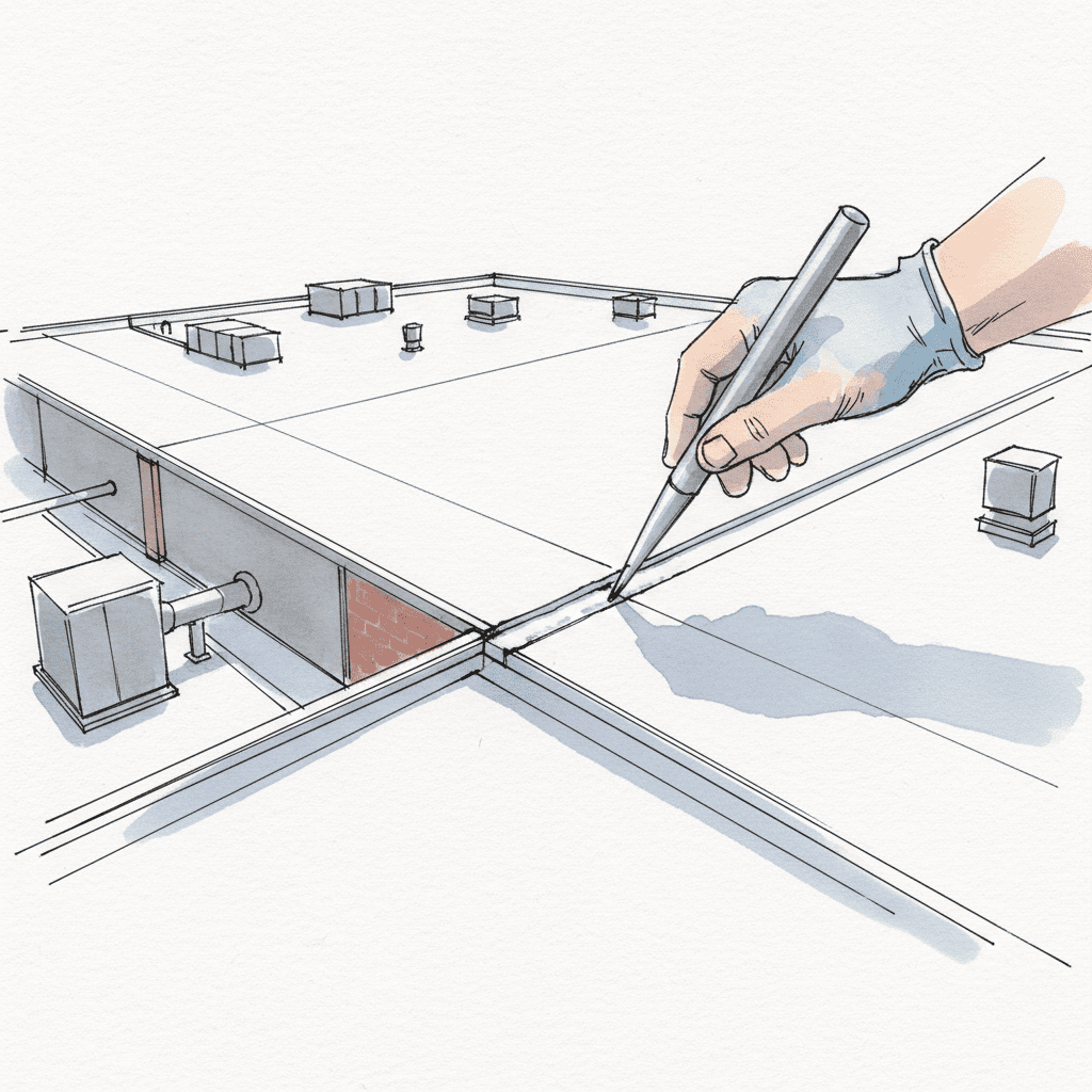 Roofer inspecting a heat-welded TPO membrane seam for integrity with a probe tool.