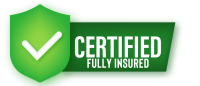 Green shield with a white checkmark and the text CERTIFIED FULLY INSURED on a green background, symbolizing trust and reliability. Ideal for showcasing credibility whether you’re searching for remodeling near me or a top rated roofing company.